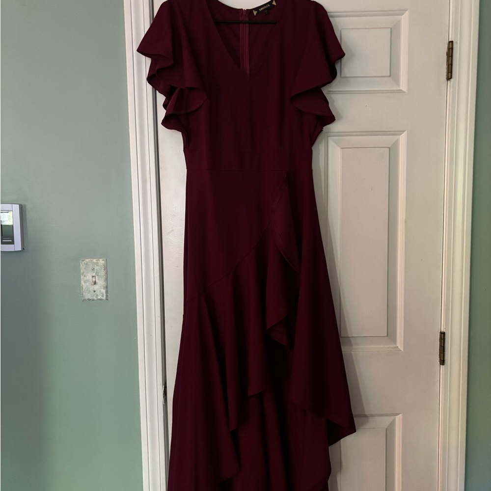 Miusol Red Ruffled Tiered Gown with Flutter Sleeves - Picture 7 of 7